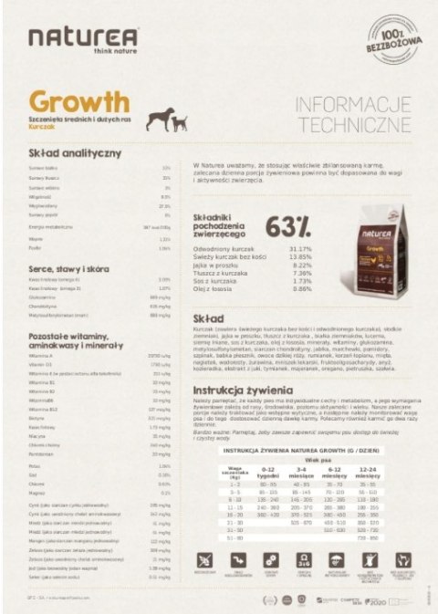 NATUREA GRAINFREE GROWTH KURCZAK 12KG SZCZENIĘTA